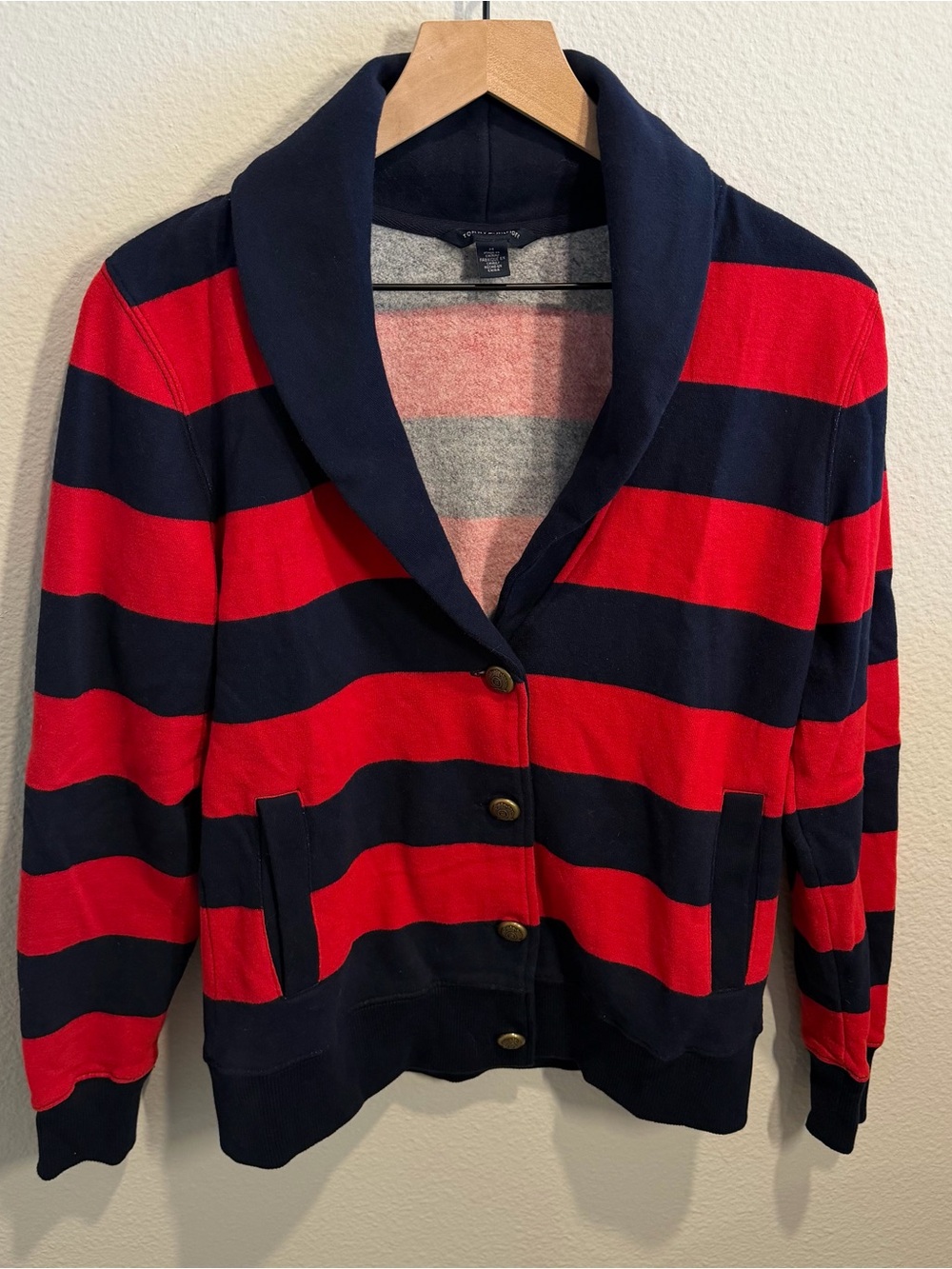 Tommy Hilfiger Striped Shawl Collar Cardigan Sweater - Red & Navy